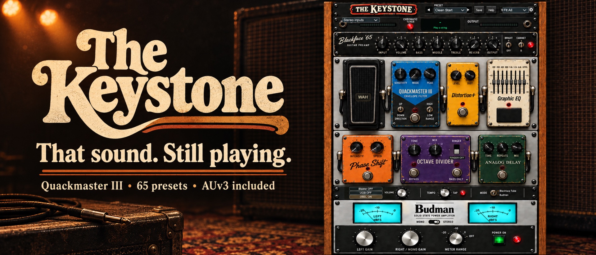 The Keystone — That sound. Still playing. Vintage guitar amp and effects rig with Quackmaster III, 65 presets and iOS AUv3 included.