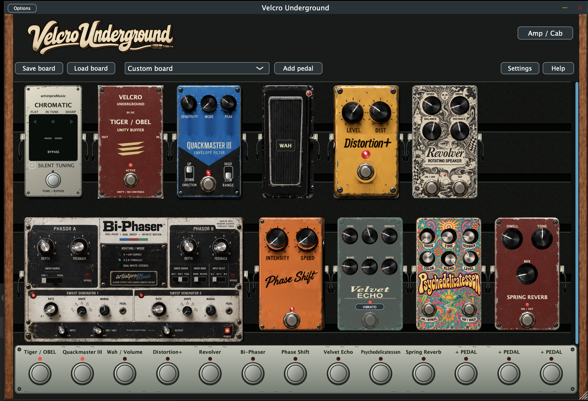 Expanded Velcro Underground pedalboard including Revolver and Psychedelicatessen