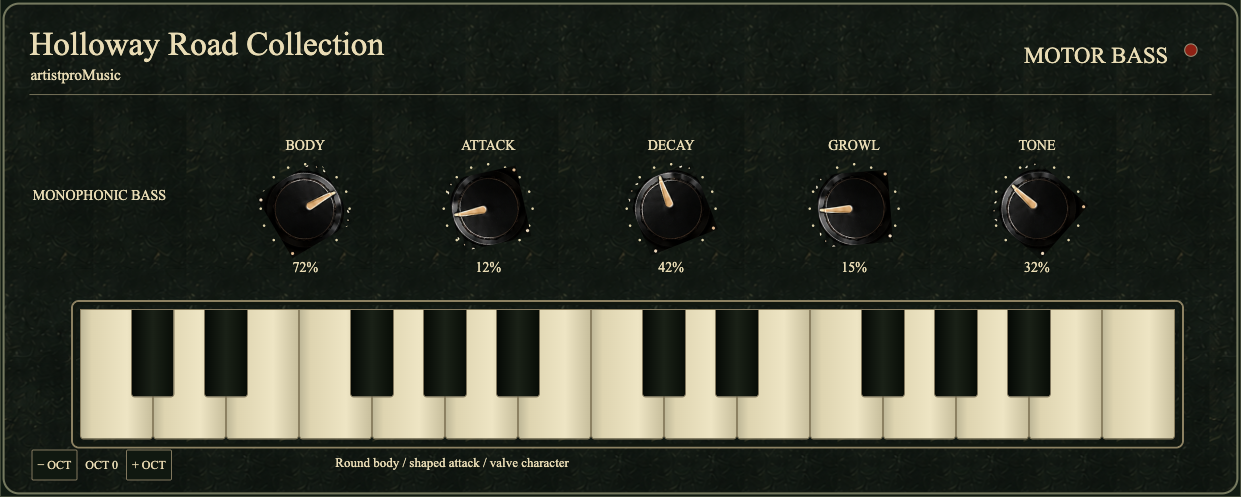 Holloway Road Motor Bass: Body, Attack, Decay, Growl and Tone controls with playable keyboard