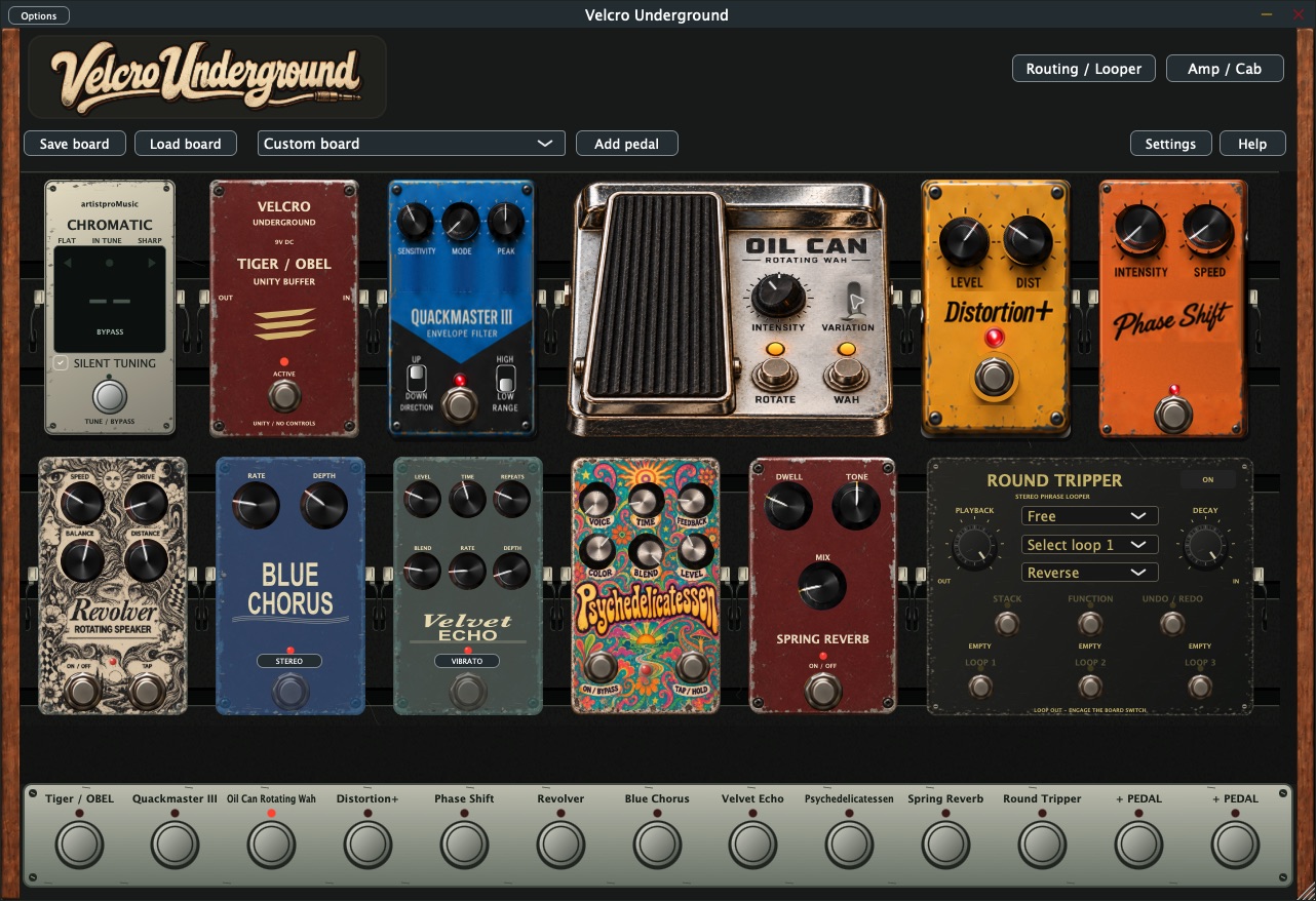 Expanded Velcro Underground pedalboard including Revolver and Psychedelicatessen